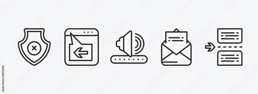 Poster user interface outline icons set. user interface icons such as no protection, window back button, am