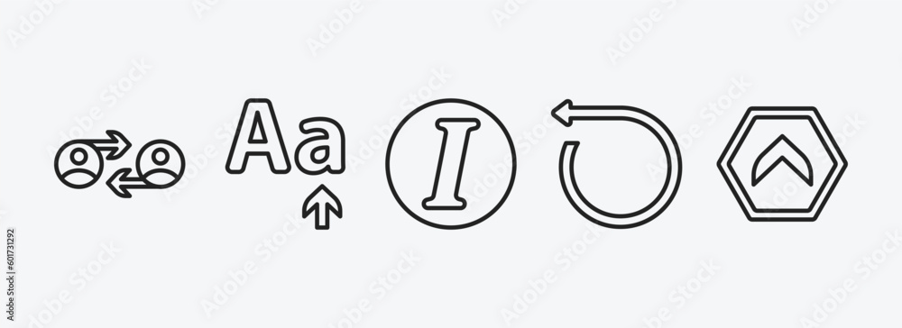 Poster user interface outline icons set. user interface icons such as user exchange, letter size, italic, r