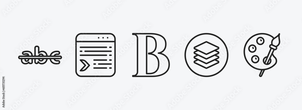 Poster user interface outline icons set. user interface icons such as strikethrough, selective, bold text, 