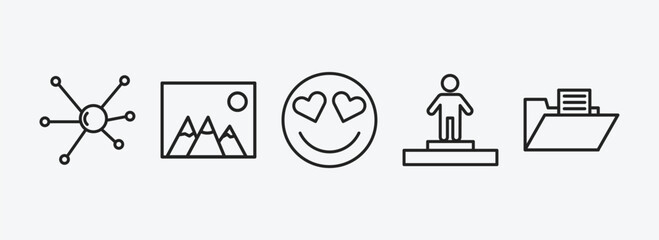 user interface outline icons set. user interface icons such as nuclear cells, image with mountains, in love smile, about successful man, data folder vector. can be used web and mobile.