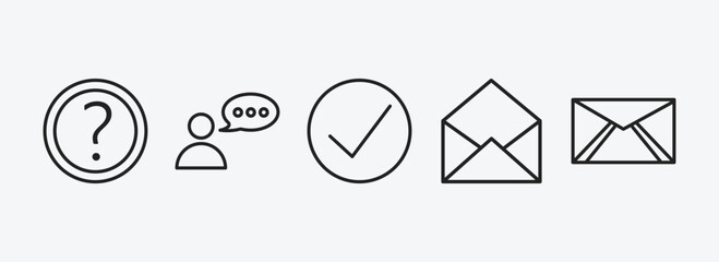 user interface outline icons set. user interface icons such as round help button, user with speech bubble, check box, email opened envelope, envelope with message vector. can be used web and mobile. - obrazy, fototapety, plakaty