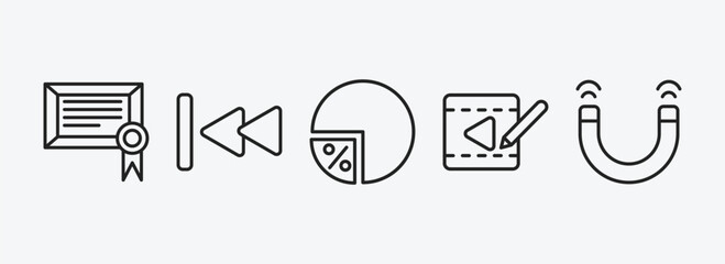user interface outline icons set. user interface icons such as digital certificate, backward track, percentage chart, video edition, magnet vector. can be used web and mobile.