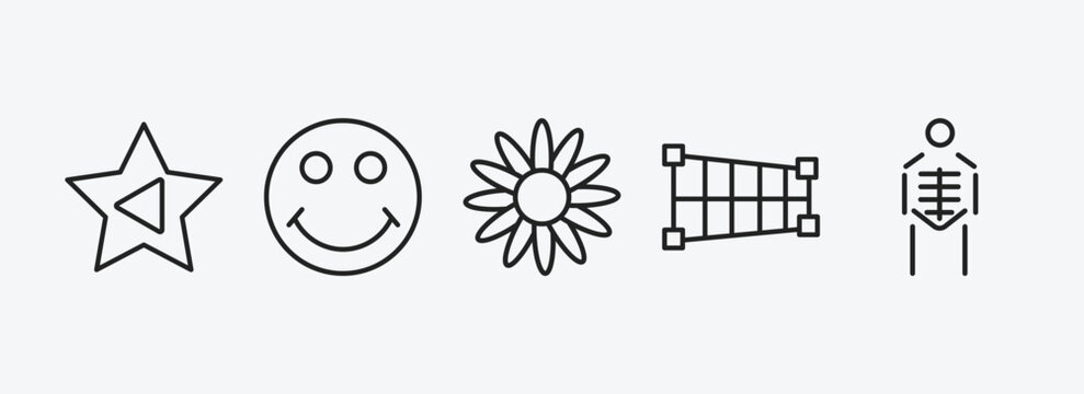 user interface outline icons set. user interface icons such as cinema star, smiling smile, image of a flower, crop perspective, anatomy class skeleton vector. can be used web and mobile.