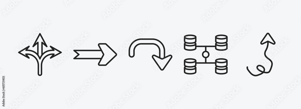 Poster user interface outline icons set. user interface icons such as three arrows, curved right arrow, dow