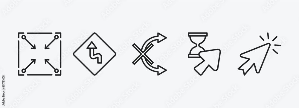 Poster user interface outline icons set. user interface icons such as corner widget, left reverse curve, no