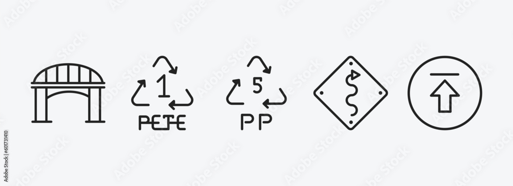 Poster user interface outline icons set. user interface icons such as bridge, 1 pete, 5 pp, curvy road warn