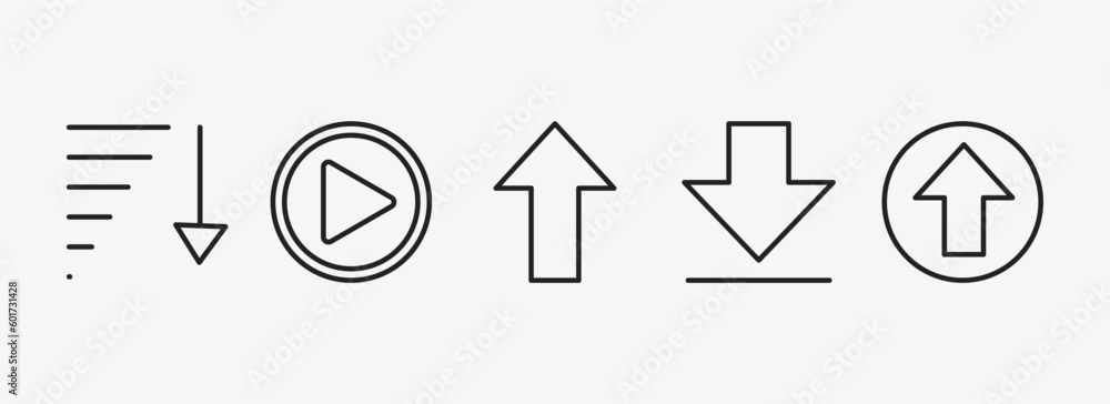 Poster user interface outline icons set. user interface icons such as sorting, play video button, pointing 