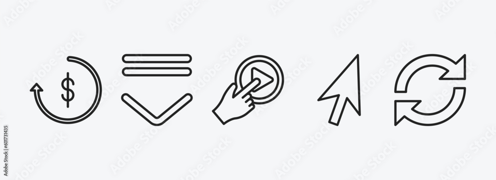 Poster user interface outline icons set. user interface icons such as repaying, drop down, press play butto