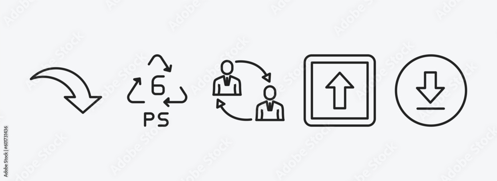 Poster user interface outline icons set. user interface icons such as curve arrow, 6 ps, job transition, ke