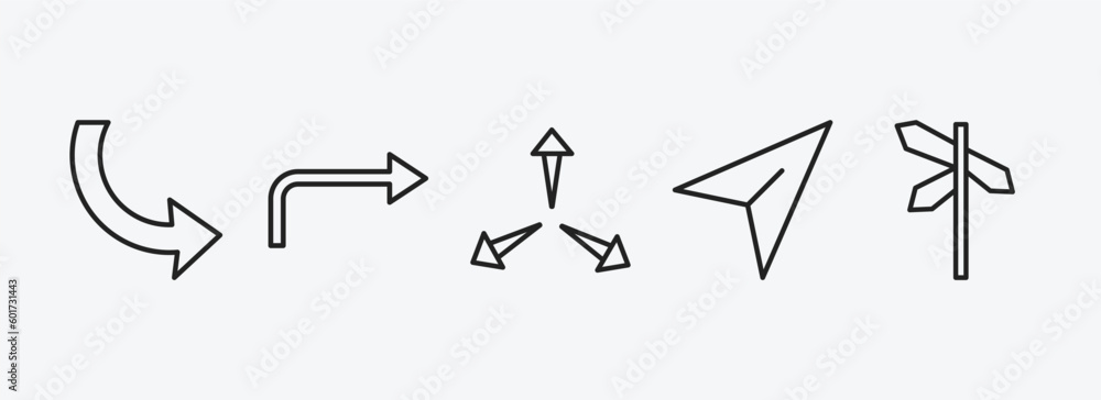 Poster user interface outline icons set. user interface icons such as curve arrows, turn right arrow, expan