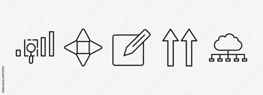 Poster user interface outline icons set. user interface icons such as gap, navigation arrows, make, up side