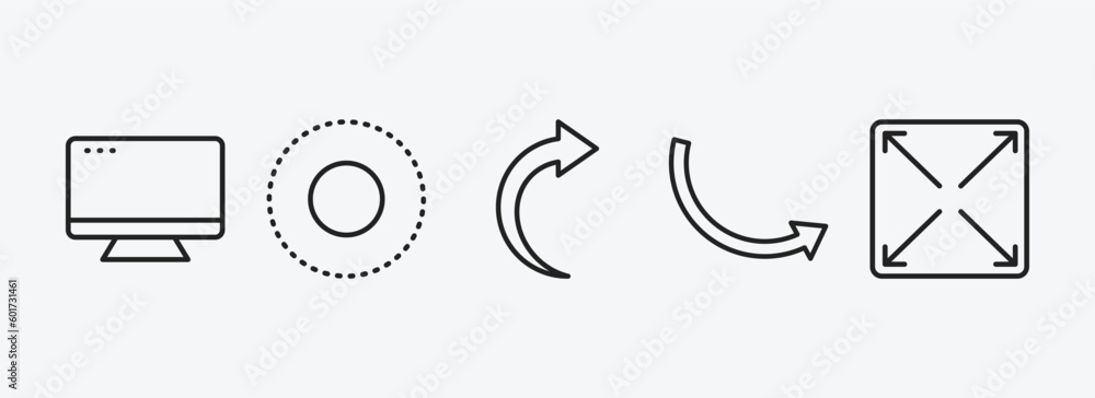 Poster user interface outline icons set. user interface icons such as display, selectioned circle, right cu