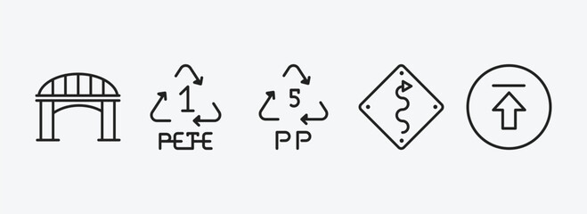 user interface outline icons set. user interface icons such as bridge, 1 pete, 5 pp, curvy road warning, upload button vector. can be used web and mobile.