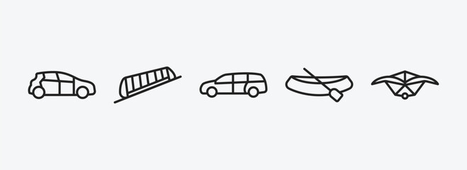transportation outline icons set. transportation icons such as compact car, funicular railway, minivan, dugout canoe, hang glider vector. can be used web and mobile.