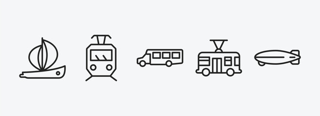 transportation outline icons set. transportation icons such as yawl, tram, airport shuttle, trolleybus, dirigible vector. can be used web and mobile.