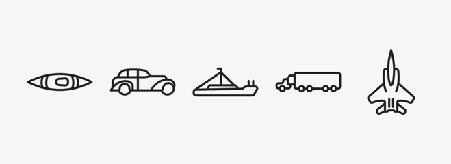 transportation outline icons set. transportation icons such as kayak, jalopy, pt boat, eighteen-wheeler, army airplane vector. can be used web and mobile.