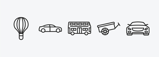 transportation outline icons set. transportation icons such as hot air balloon, sedan, double decker bus, oxcart, car frontal view vector. can be used web and mobile.