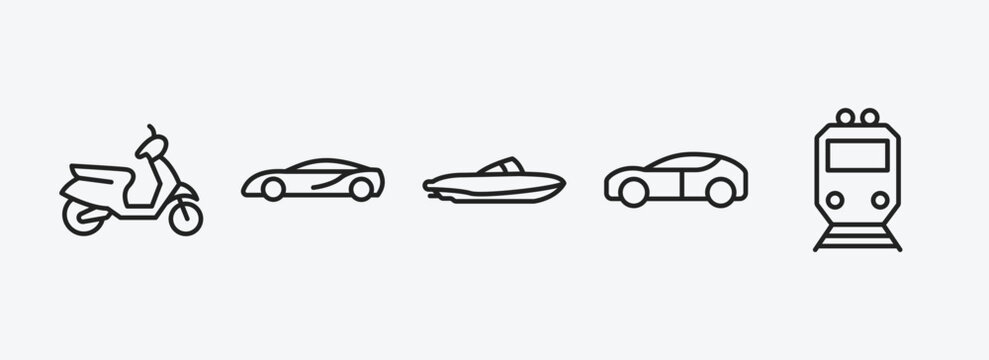 transportation outline icons set. transportation icons such as scooter, sports car, houseboat, electro car, metro vector. can be used web and mobile.