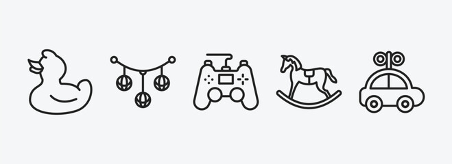 toys outline icons set. toys icons such as duck toy, pram toy, gamepad toy, rocking horse car vector. can be used web and mobile.