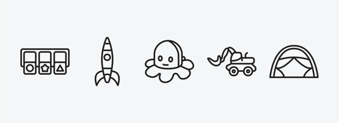 toys outline icons set. toys icons such as shapes toy, rocket toy, octopus toy, digger tent vector. can be used web and mobile.