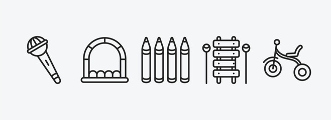 toys outline icons set. toys icons such as microphone toy, bouncy castle toy, crayons toy, xylophone tricycle vector. can be used web and mobile.