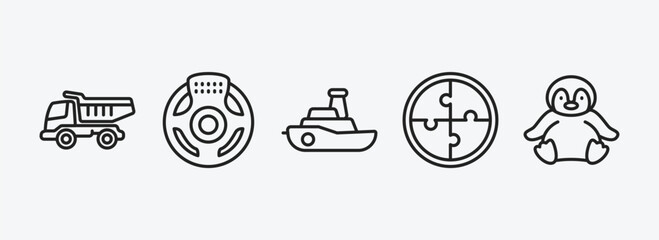 toys outline icons set. toys icons such as dump truck toy, steering wheel toy, boat toy, puzzle penguin vector. can be used web and mobile. © Farahim
