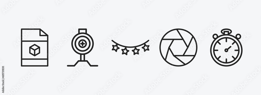 Poster technology outline icons set. technology icons such as cad, pitching hine, tinsel, camera shutter, s
