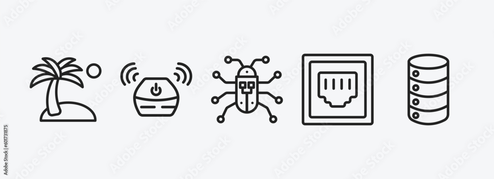 Aufkleber technology outline icons set. technology icons such as holidays, wireless gadget, robot insect, tele