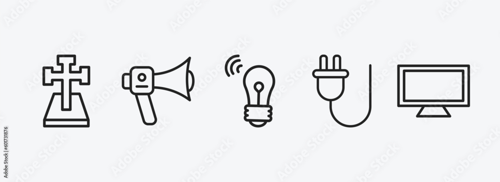 Poster technology outline icons set. technology icons such as cross stuck in ground, modern horn, wireless 