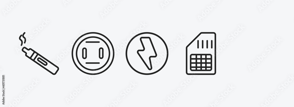 Poster technology outline icons set. technology icons such as basic microphone, electronic cigarette, round