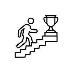 Man runnig up the stairs toward trophy cup. Success symbol. Vector icon