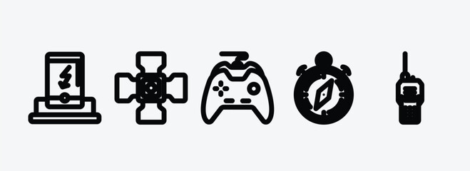 technology outline icons set. technology icons such as dock, cinema light with cable, big joystick, navigation compass, big walkie talkie vector. can be used web and mobile.
