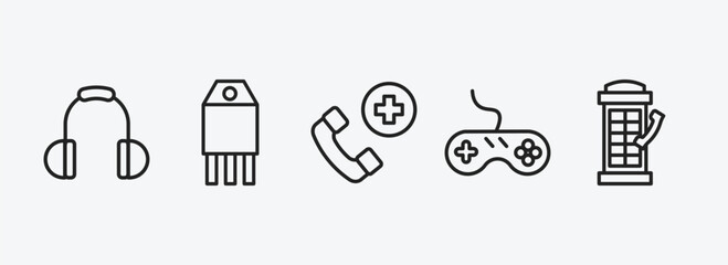 technology outline icons set. technology icons such as big headphones, transistor, hospital phone, antique gamepad, phone box vector. can be used web and mobile. - obrazy, fototapety, plakaty