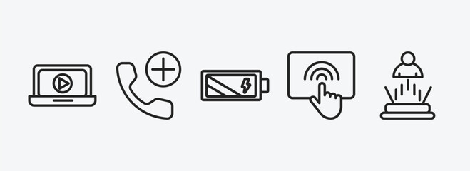 technology outline icons set. technology icons such as open laptop, add call, battery power, touchscreen, teletransportation vector. can be used web and mobile.