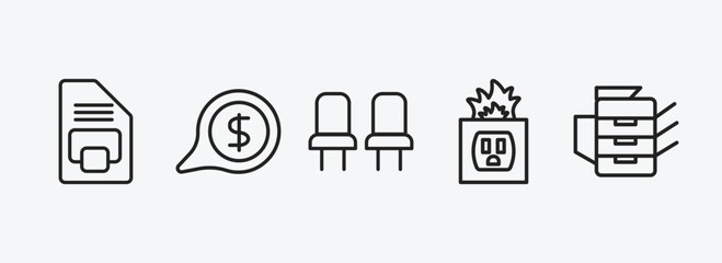 technology outline icons set. technology icons such as big floppy disk, receive money message, chairs, electric socket on fire, photocopier vector. can be used web and mobile.