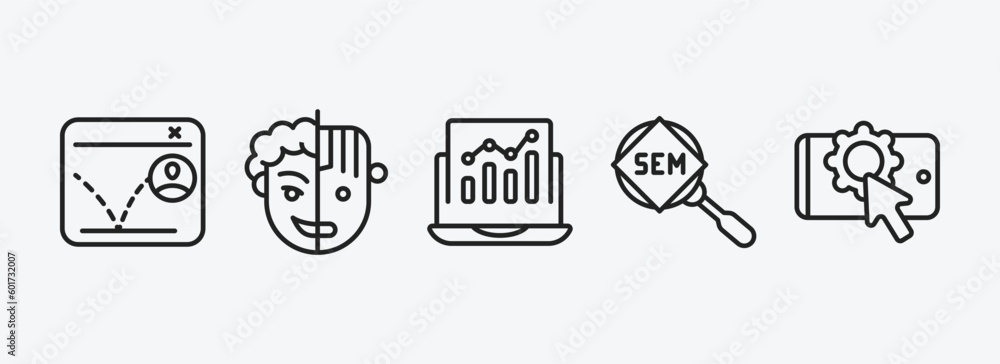 Poster technology outline icons set. technology icons such as bounce rate, humanoid robot, analysis process