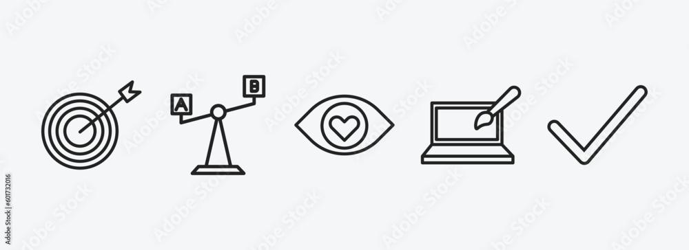 Poster startup stategy and outline icons set. startup stategy and icons such as mission, comparison, attrac
