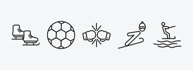 sports outline icons set. sports icons such as ice skates, soccer football ball, two boxing gloves, jumping ski, jet surfing vector. can be used web and mobile.