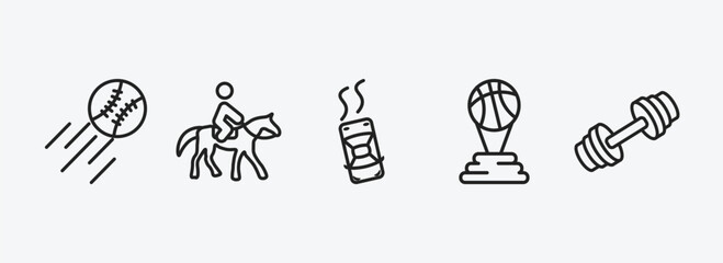 sports outline icons set. sports icons such as home run, horseback, drift car, basketball champion, weighted bars vector. can be used web and mobile.