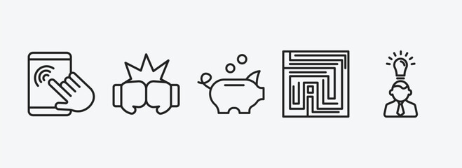startup stategy and outline icons set. startup stategy and icons such as user experience, fight, piggybank, strategy in a labyrinth, entrepreneur vector. can be used web and mobile.