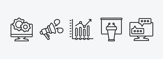 social media marketing outline icons set. social media marketing icons such as system, announcement, stadistics, seminar, flats vector. can be used web and mobile.