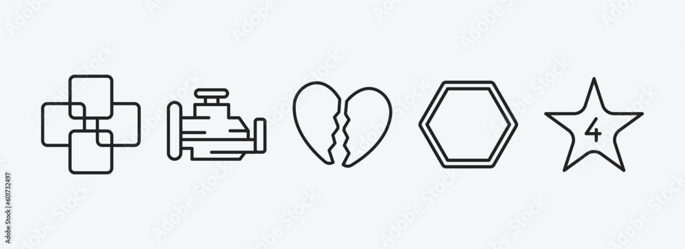 Poster shapes outline icons set. shapes icons such as four squares, malfunction indicador, broken heart, po