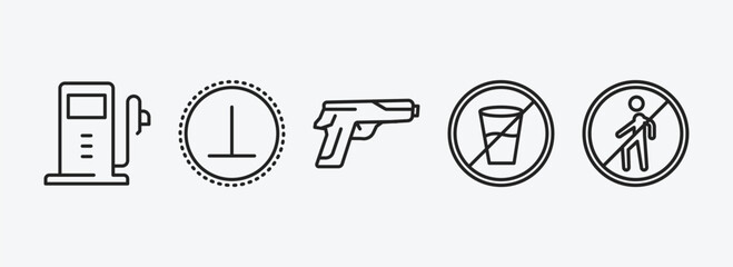 signs outline icons set. signs icons such as gas station, perpendicular, guns, no drinks, no entry vector. can be used web and mobile.