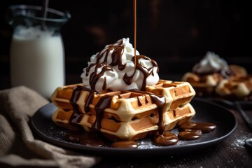 mouthwatering waffles with whipped cream and chocolate sauce drizzled over - obrazy, fototapety, plakaty