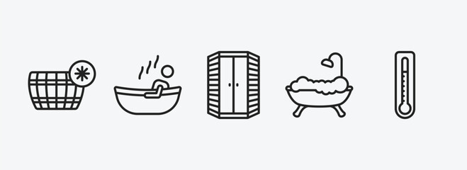 sauna outline icons set. sauna icons such as cold plunge, 2steam bath, infrared heat cabin, hamam, core temperature vector. can be used web and mobile.