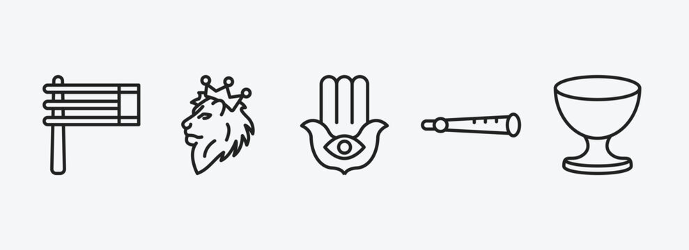 religion outline icons set. religion icons such as gragger, lion of judah, hamsa hand, shehnai, laver of washing vector. can be used web and mobile.