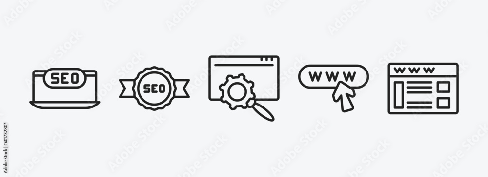Poster programming outline icons set. programming icons such as seo monitoring, seo badge, web optimization