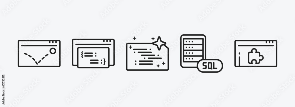 Poster programming outline icons set. programming icons such as advertising bounce, code listing, clean cod