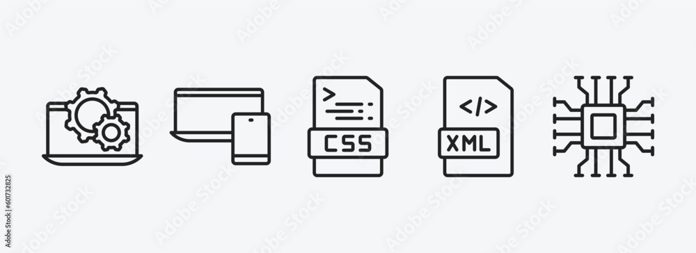 Poster programming outline icons set. programming icons such as software, responsive, css, xml, hardware ve