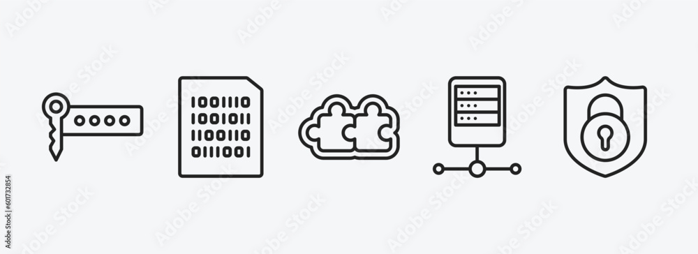 Poster seo outline icons set. seo icons such as seo keywords, binary file, addon, server, encryption vector